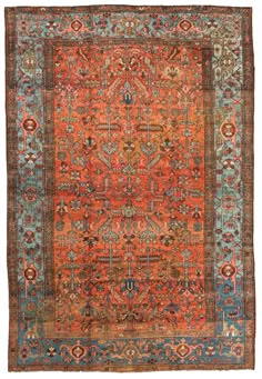 an orange and blue rug with many different colors