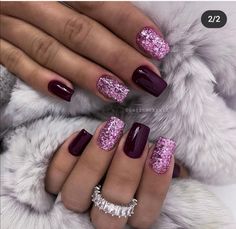 Cute Acrylic Nail Designs For Winter, Flashy New Years Nails, Funky Elegant Nails, Plum Purple Nails Designs, Black Purple Orange Nails, Dip Nail Designs New Years, Black And Pink Christmas Nails, Winter Glitter Nails Acrylic, February Gel Nail Colors