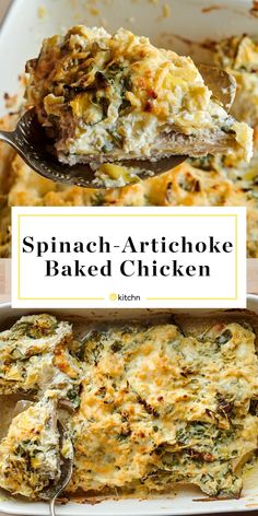 spinach artichoke baked chicken in a casserole dish with a spoon