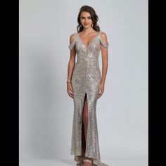 Beautiful Sequin Gown For Any Occasions. Fast Shipping! Color - Silver Size 3/4 Glamorous Champagne Gown For Formal Occasions, Glamorous Champagne Formal Gown, Sequin Gown, Sequin, Prom Dresses, Size 4, Prom, Womens Dresses, Silver