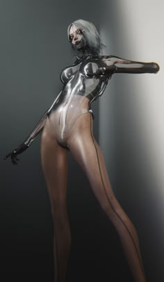 an image of a woman in latex with her arms outstretched and legs spread out