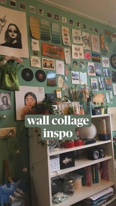 the wall is covered with many pictures and photos, including an open bookcase that has books on it