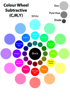 the color wheel is shown with different colors in each circle, including black, white, and pink