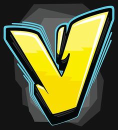 the letter v is painted in yellow and blue on a black background with an abstract design