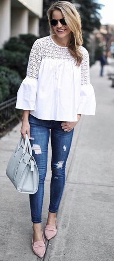 boho top White Top Outfit Summer, Boho Tops For Women, White Tops Outfit, Lace Top White, Blouse Images, Top Summer Outfits, Inspiration Mode, Looks Style