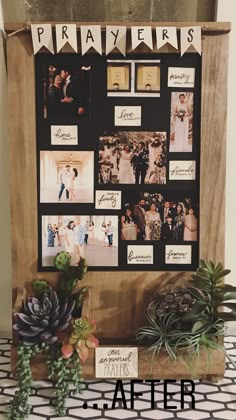 a wooden frame with pictures and succulents on it