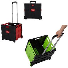 three different types of storage boxes with handles and wheels, one is black, the other is red