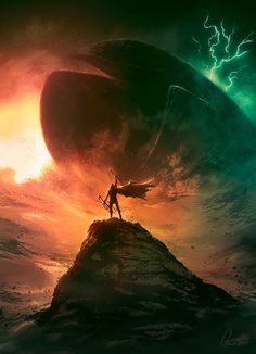 a man standing on top of a rock in front of a giant alien like object