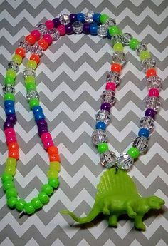 Pony Bead Necklace, Harajuku Accessories, Kandi Necklace, Kandi Kid, Green Dinosaur