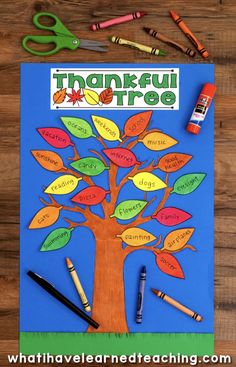 the thanksgiving tree is cut out with markers and crayons