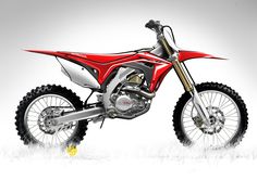 a red dirt bike parked on top of a grass covered field in front of a white background