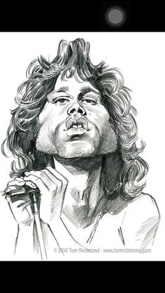 a black and white drawing of a man with long hair holding a microphone in his hand