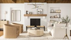 a living room filled with furniture and a fire place in front of a white brick wall