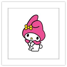 hello kitty with pink hat and yellow bow sitting in front of a white framed photo