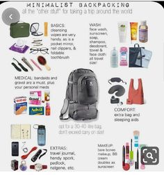 the contents of a backpack are shown in this info sheet, with instructions on how to pack