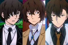 three anime characters wearing ties and vests, one is staring at the camera while the other has his eyes closed