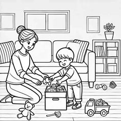 a woman and child playing with toys on the floor in their living room coloring page