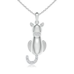 Studded with shimmering diamonds on the ears, the collar and the tail, this dazzling cat pendant looks whimsical and exquisite. It is designed in lustrous platinum and dangles from a single bale. This cute diamond cat pendant is perfect for cat lovers. Diamond Cat, Cat Pendant Necklace, Cat Pendant, Cat Pendants, Diamond Pendant, White Diamond, Round Diamonds, Natural Diamonds, Solid Gold