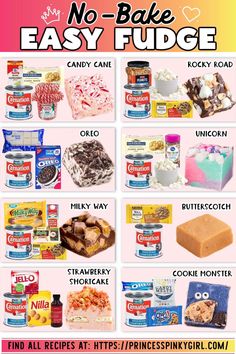 a poster with the words no bake easy fudge and pictures of different foods