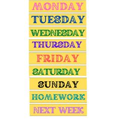 four days of the week stickers with different colors and font on them, each one has