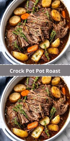 Looking for a tender pot roast that cooks itself? This Crock Pot Pot Roast recipe is your answer! With juicy, fall-apart chuck roast, hearty carrots, and creamy baby gold potatoes, this slow cooker pot roast is the ultimate comfort food. Cooked low and slow with savory seasonings, beef stock, and fresh herbs, every bite is packed with flavor. Whether you’re making this for a family dinner or meal prepping for the week, this easy pot roast is perfect for any occasion. Arm Roast Recipes Crockpot, Crockpot Beef Pot Roast, Pot Roast Crock Pot Recipes Easy, Chuck Roast Crock Pot Recipes, Crock Pot Chuck Roast, Delicious Pot Roast, Crockpot Foods, Crockpot Pot Roast, Crockpot Roast Recipes