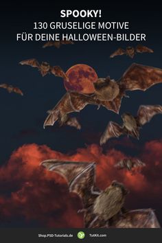 a group of bats flying through the air with red clouds in the background and text that reads spooky