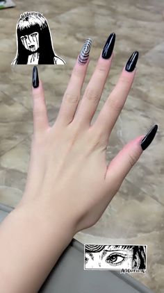 #alt #grunge #emo #goth #asian #junjiito #tomie #nails Pointy Dark Nails, Tomie Inspired Nails, Grunge Gel Nails, Anime Inspo Nails, Tomie Nails, Anime Nails Aesthetic, Short Goth Nails, Junji Ito Nails, Acubi Nails