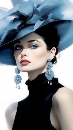 a woman in a black dress and blue hat with large earrings on her head is looking off to the side