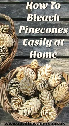 two baskets filled with pine cones sitting on top of a wooden table