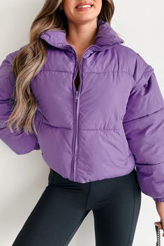 SELF: 75% POLYESTER, 25% NYLON. FILLING & LINING: 100% POLYESTER Model Wearing Size Small Color: Purple Puffer Style Detachable Sleeves Zipper-Front Slit Pockets Fully Lined Cropped Length Jacket Has Little Stretch 16" Armpit To Sleeve End 9" Armpit To Hemline For Model Size Specs Please Check Size Charts Launched: 11/28/23 Purple Jacket Outfit, Purple Puffer Jacket, Short Puffer Jacket, Puffer Style, Cropped Puffer Jacket, Detachable Sleeves, Puff Jacket, Flying Monkey Jeans, Purple Shorts