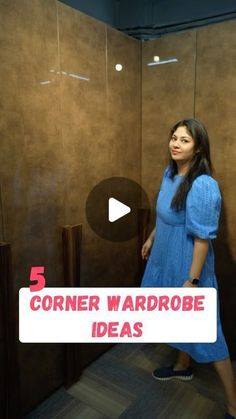 a woman standing in front of a wall with the words corner wardrobe ideas on it