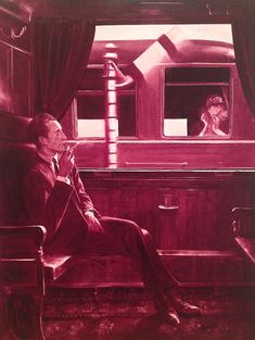 a painting of a man sitting on a train looking out the window at another woman