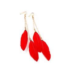 three red feathers hanging from gold chain earrings