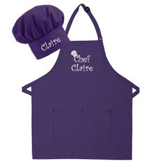 the chef's apron and hat are purple with white writing on it, which says clafre