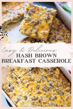 egg and brown hash browns breakfast casserole on a white plate with text overlay