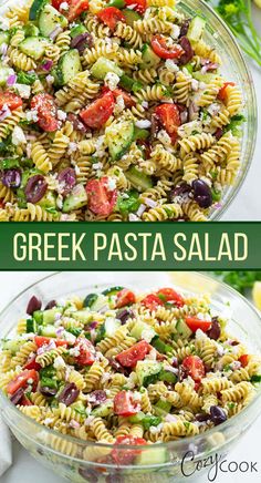 this greek pasta salad is loaded with fresh vegetables, olives and feta cheese