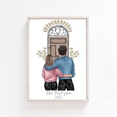 a couple hugging each other in front of a door with the words our first time on it