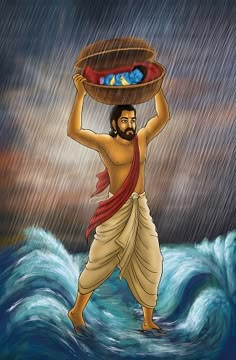 a man carrying a basket over his head while standing in the ocean with water splashing around