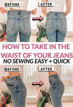 a woman is showing how to take the waist of her jeans