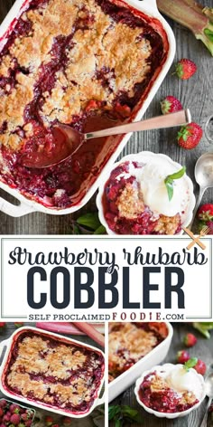 strawberry rhubarb cobbler with ice cream and strawberries