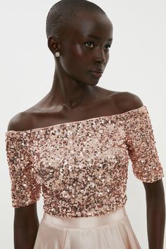 Sequin Bardot Top - Pink - Be the talk of the party in this light-catching top. Decorated with sparkling sequins, it shines bright beneath the disco ball and features an elegant Bardot neckline and contemporary cropped fit. Glamorous Sequined Evening Crop Top, Glamorous Evening Shimmer Crop Top, Luxury Sequined Evening Crop Top, Glamorous Fitted Crop Top With Contrast Sequin, Festive Semi-stitched Sequin Top, Navy Satin Dress, Sequins Top Outfit, Sparkly Top, Bardot Neckline