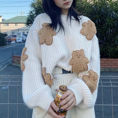 Cute And Cozy Bear Sweater Loose Fit Style For The Look! Kawaii Bear Shirt, Bear Print Sweater, Brown And White Knitted Sweater, Knitted Sweater For Teddy Bear, Cute Sweaters Brown, Winter Cute Sweater, Cute Knited Sweaters, Boba Tea Sweater, Bunny Sweater Crochet