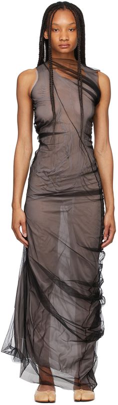 Sleeveless mesh nylon dress in black. Stretch silk underlay in taupe. Gathering throughout. Crewneck collar.Supplier color: Black Sheer Overlay Dress, Sheer Mesh Dress, Nylon Dress, Sassy Outfit, Sheer Overlay, Overlay Dress, Event Dresses, Mesh Dress, Black Stretch