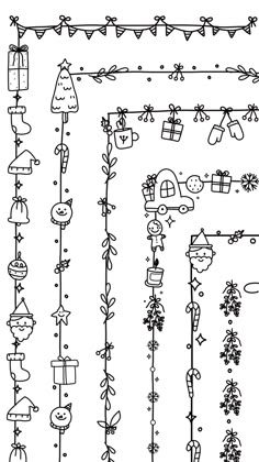 a drawing of christmas decorations and presents on a white background with black lines in the middle