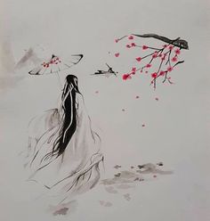 a drawing of a woman walking in the snow with an umbrella and cherry blossom tree