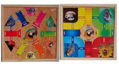 two pieces of wooden board game with different colors and shapes