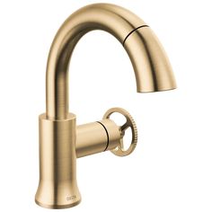 a faucet that is gold with the handle extended and nozzle on it