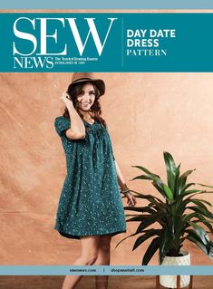 a woman in a dress and hat standing next to a potted plant on the cover of sew news