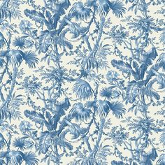 a blue and white floral wallpaper with birds