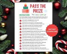 a christmas party pass the prize poster with candy canes and ornaments around it on a black background